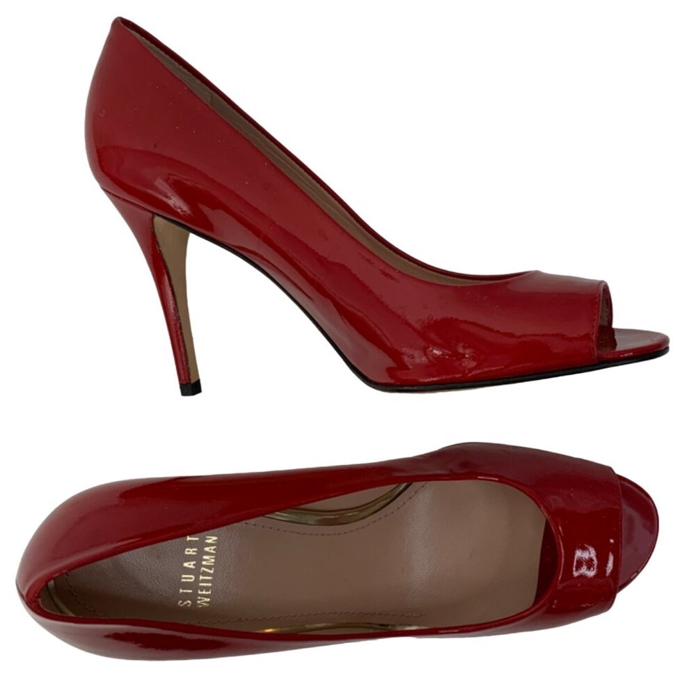 Stuart Weitzman Red Patent Leather Peep Toe Pumps Size 8B Stiletto 7913 Spain